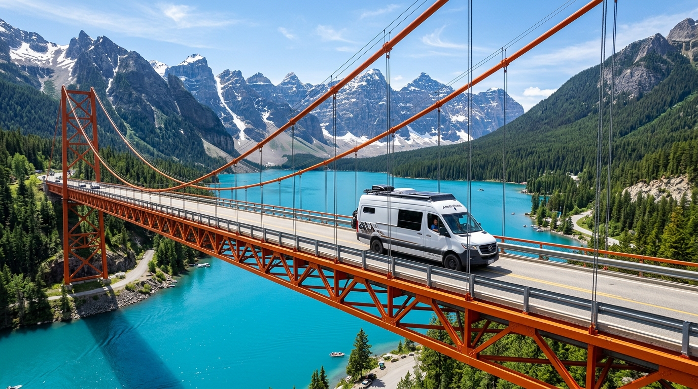 Motorhome sobre ponte pênsil em lago deslumbrante