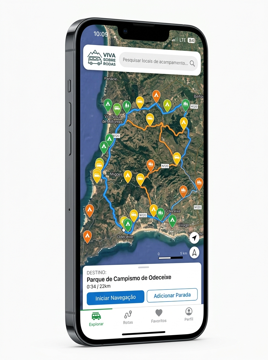 Mockup App Viva Sobre Rodas com Mapa de Destinos